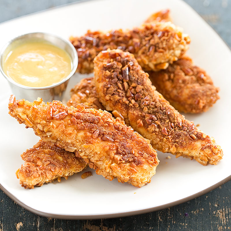 PretzelCrusted Chicken Fingers with Honey Mustard