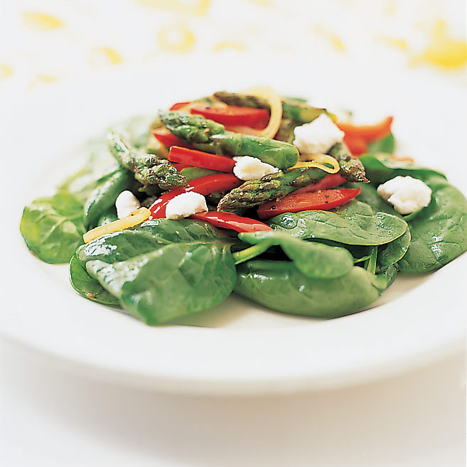 Asparagus, Red Pepper, and Spinach Salad with Sherry Vinegar and Goat