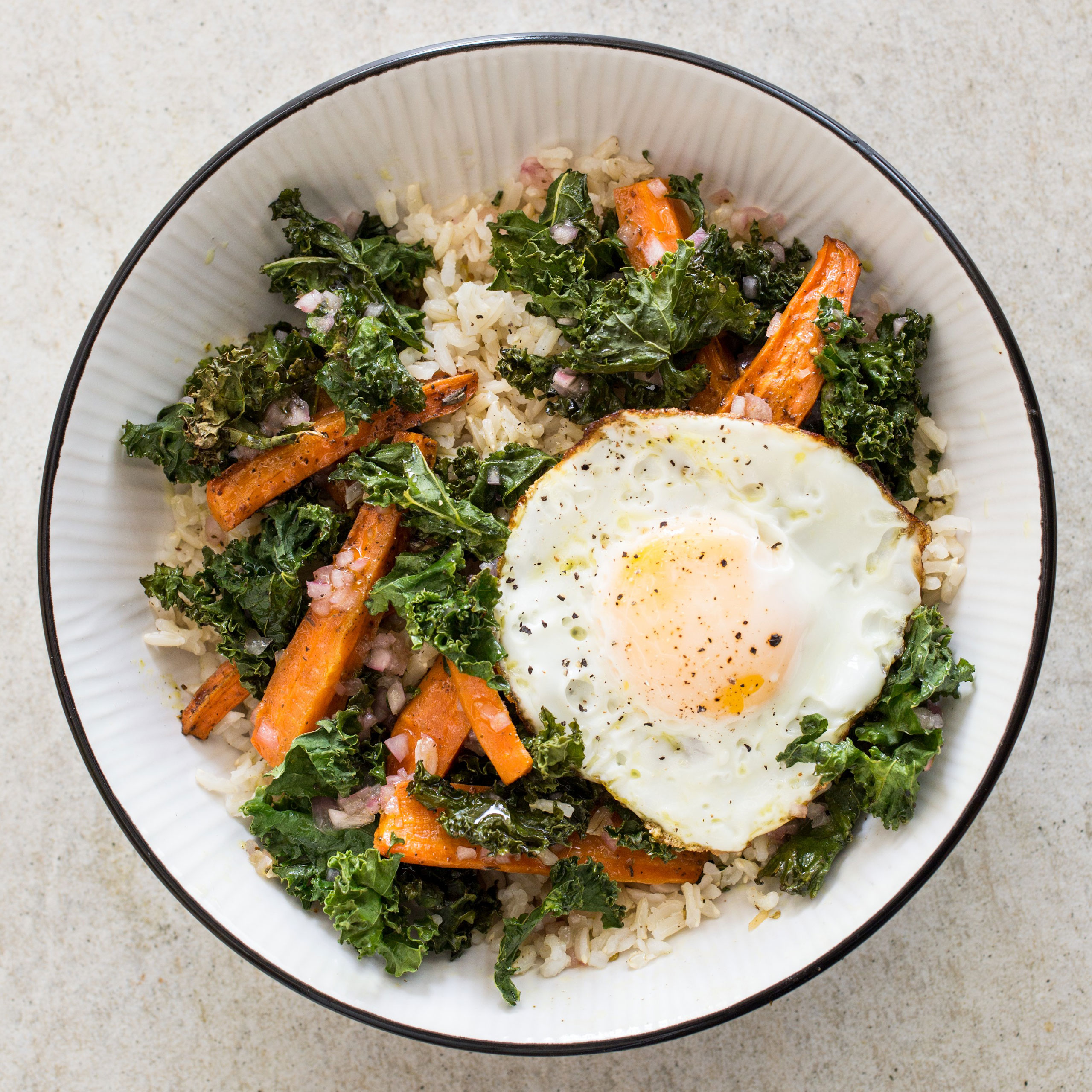 GlutenFree Brown Rice Bowls with Roasted Carrots, Kale, and Fried Eggs