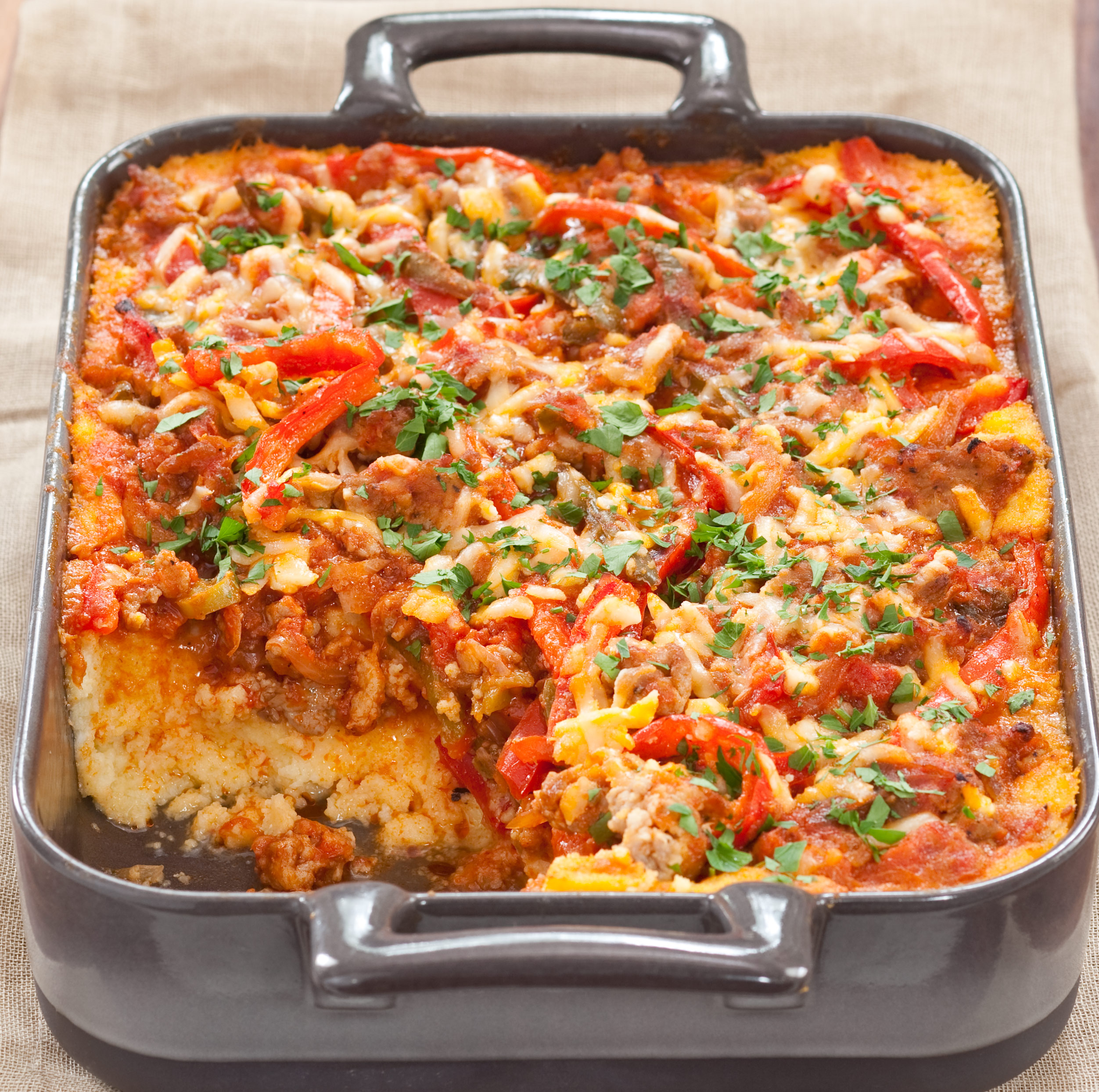Polenta Casserole with Sauteéd Bell Peppers and Sausage America's